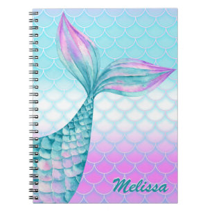 Girly Pink Teal Mermaid Tail Scales Personalised Notebook