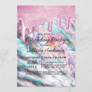 Girly Pink Teal Pearl Opal Glitter Drips Birthday Invitation