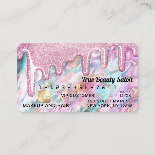 Girly Pink Teal Pearl Opal Glitter Drips Credit Business Card (Front)
