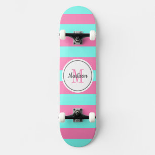 Girly Pink Teal Stripes Monogram Personalized Skateboard