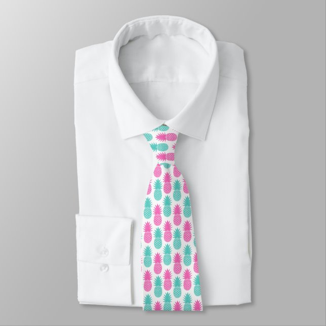 Girly Pink Teal Tropical Pineapple Pattern Tie (Tied)