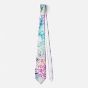 Girly pink teal watercolor vintage floral pattern tie
