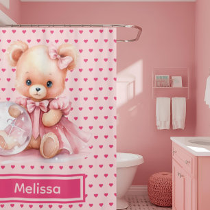 Girly Pink Teddy Bear Monogram Shower Curtains