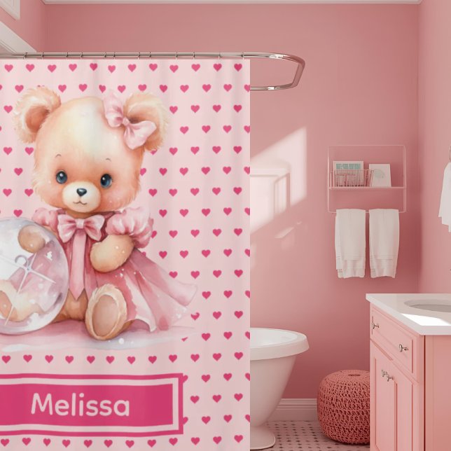 Girly Pink Teddy Bear Monogram Shower Curtains (Creator Uploaded)