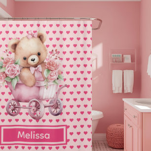 Girly Pink Teddy Bear Monogram Shower Curtains
