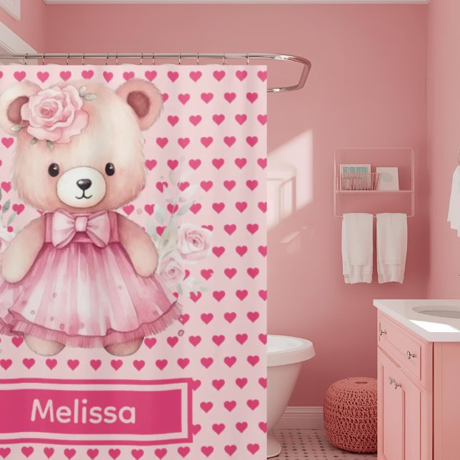 Girly Pink Teddy Bear Monogram Shower Curtains (Creator Uploaded)