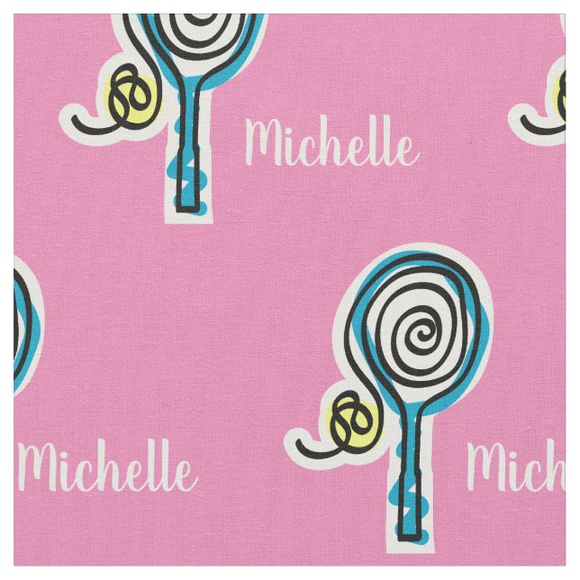 Girly pink tennis racket pattern fabric with name (Close Up)