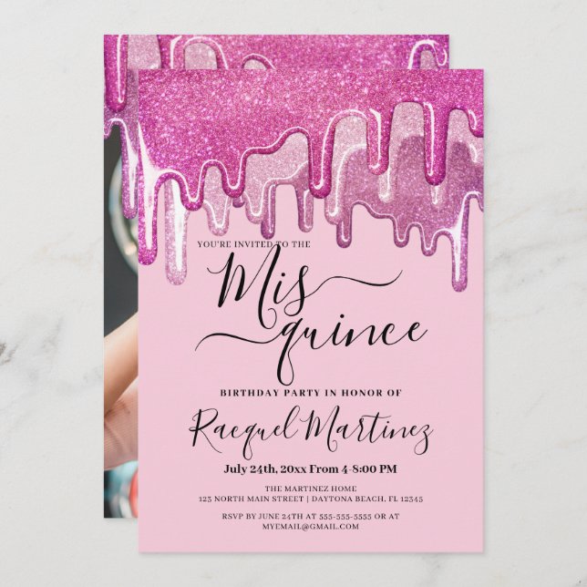 Girly Pink Thick Glitter Drips Photo Mis Quince Invitation (Front/Back)