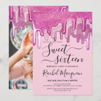 Girly Pink Thick Glitter Drips Photo Sweet 16