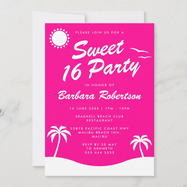 Girly Pink Tropical Beach Birthday Sweet 16 Invitation (Front)