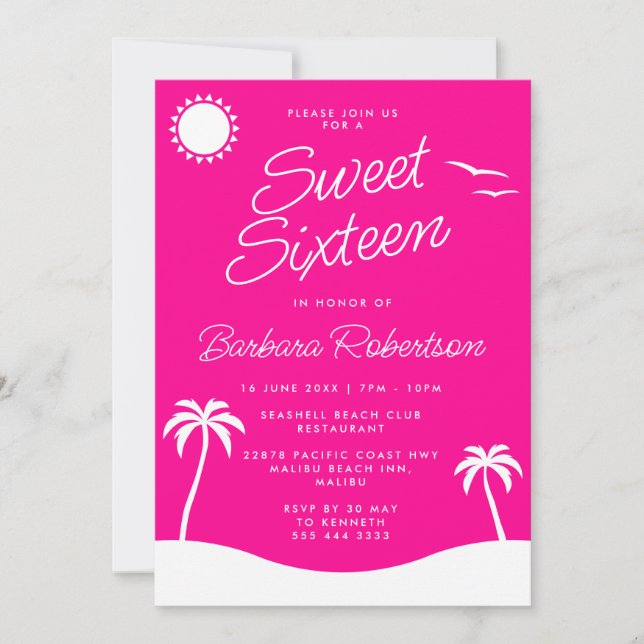 Girly Pink Tropical Beach Script Sweet Sixteen Invitation (Front)