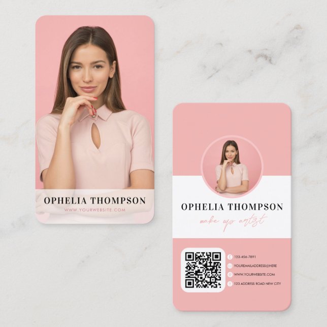 Girly Pink Typography Script QR code Business Card (Front/Back)
