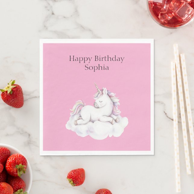 Girly Pink Unicorn on Cloud Birthday Napkin (Insitu)