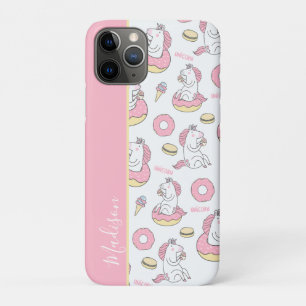 Girly Pink Unicorns on Doughnuts Pattern with Name iPhone 11 Pro Case