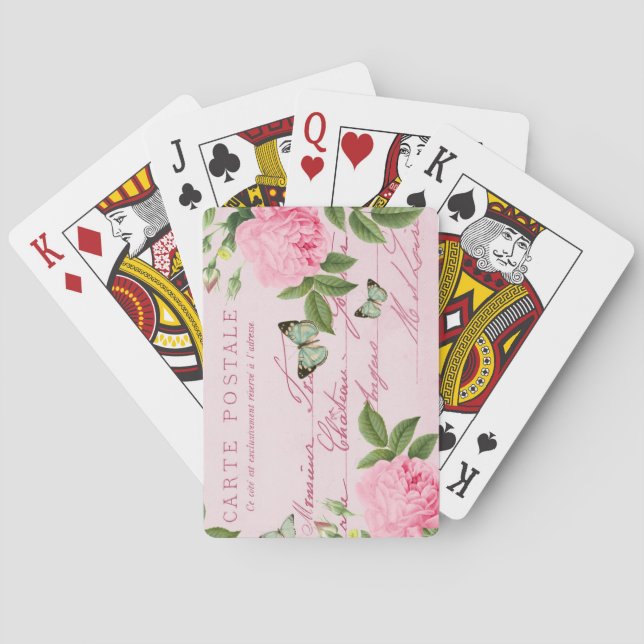 Girly pink vintage rose playing cards (Back)