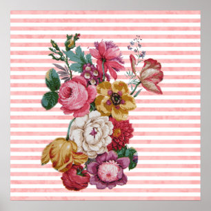 Girly Pink Vintage Stripes Colorful Roses Poster