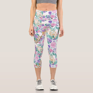 Girly Pink Violet Purple Gold Watercolor Flowers Capri Leggings