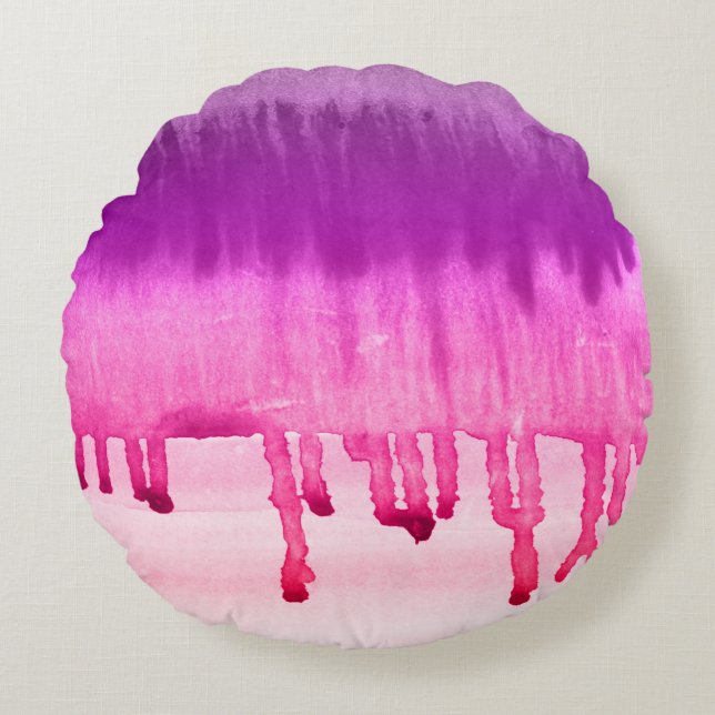 Girly Pink Violet Watercolor Ombre Design Round Cushion (Front)
