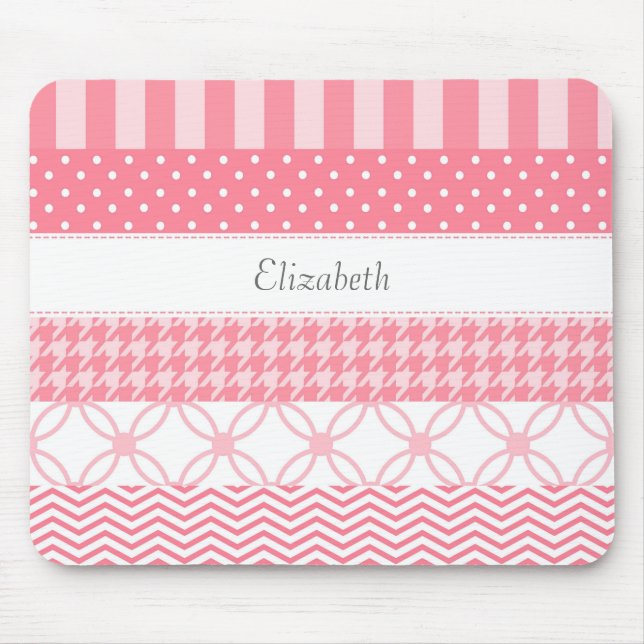 Girly Pink Washi Tape Geometric Pattern With Name Mouse Mat (Front)