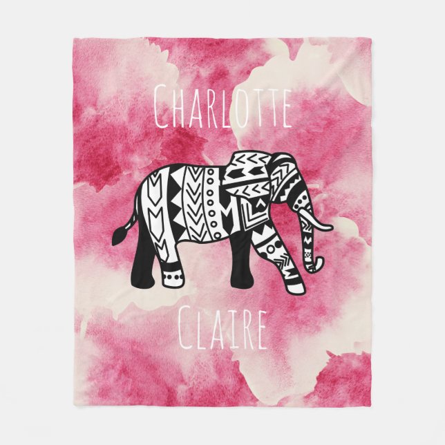 Girly Pink Watercolor Black & White Tribe Elephant Fleece Blanket (Front)