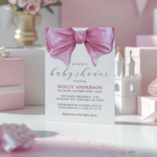 Girly Pink Watercolor Bow Baby Shower Invitation