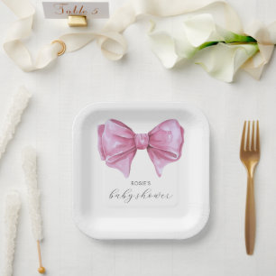 Girly Pink Watercolor Bow Baby Shower Paper Plate