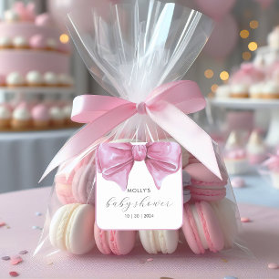 Girly Pink Watercolor Bow Baby Shower Square Sticker