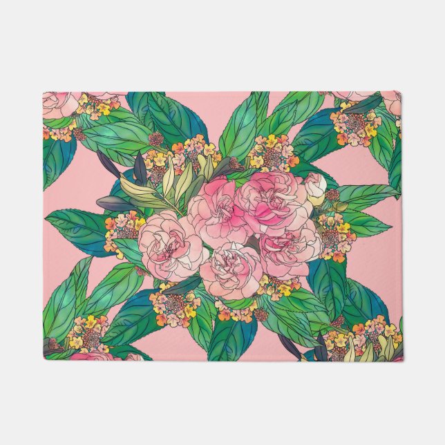 Girly Pink Watercolor Floral Hand Paint Doormat (Front)