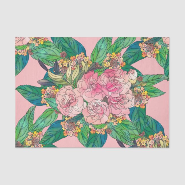 Girly Pink Watercolor Floral Hand Paint Tissue Paper (Front)