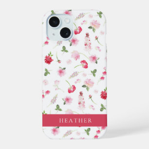 Girly Pink Watercolor Floral Name Case-Mate iPhone 15 Case