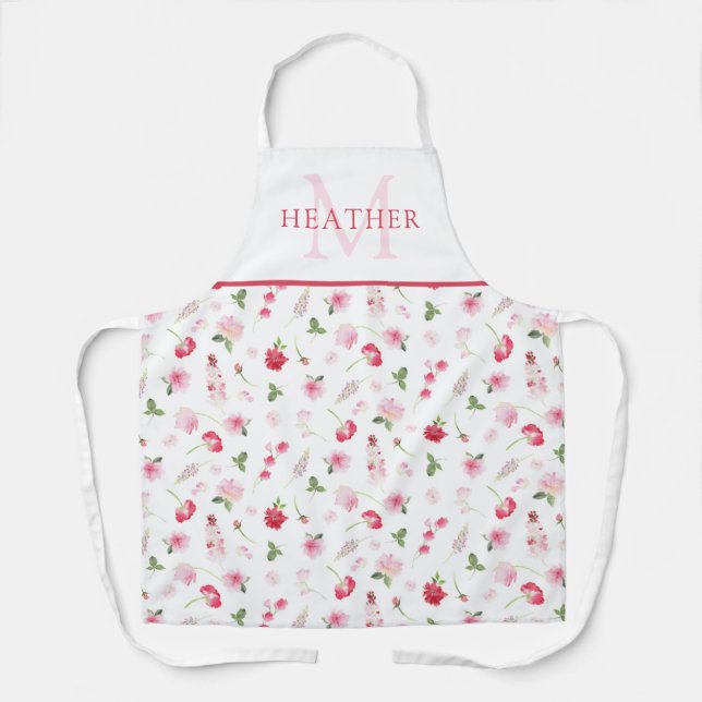 Girly Pink Watercolor Floral Pattern Monogram Apron (Front)