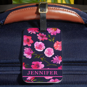 Girly Pink Watercolor Floral Personalised Name Luggage Tag