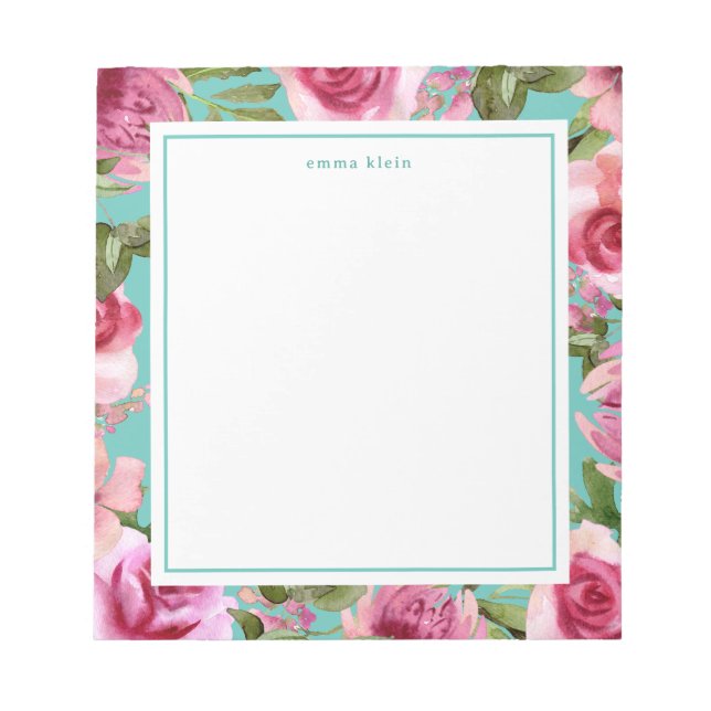 Girly Pink Watercolor Flowers Blue Name Notepad (Front)