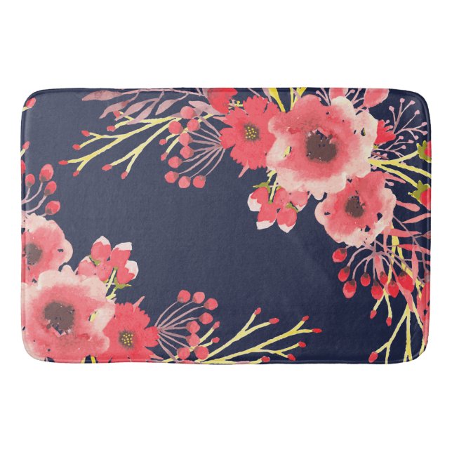 Girly Pink Watercolor Flowers & Navy Blue Bath Mat (Front)