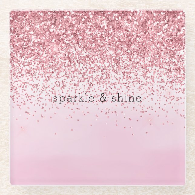 Girly Pink Watercolor Glitzy Sparkle Glitter Glass Coaster (Front)