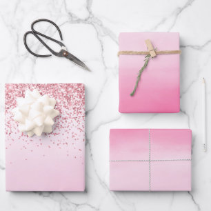 Girly Pink Watercolor Glitzy Sparkle Glitter Wrapping Paper Sheet