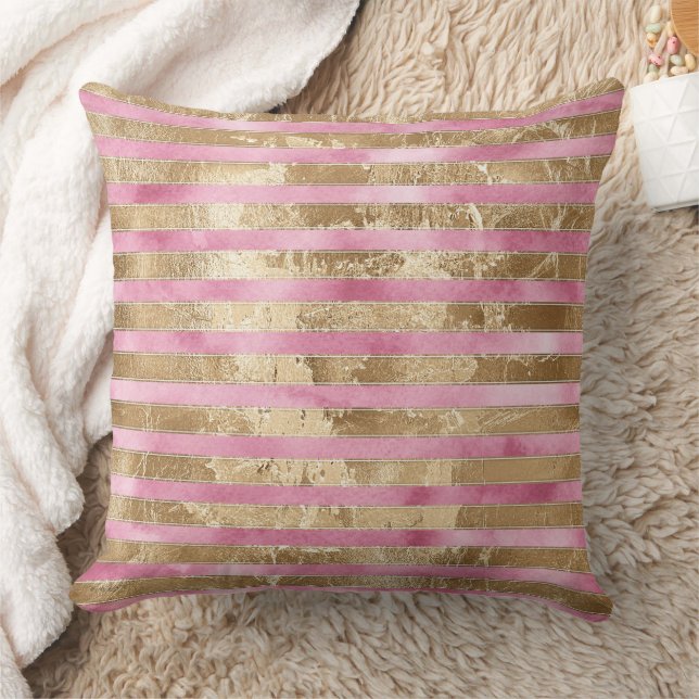 Girly Pink Watercolor Gold Glam Stripes Cushion (Blanket)