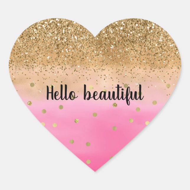Girly Pink Watercolor Gold Glitter Glitz Confetti Heart Sticker (Front)