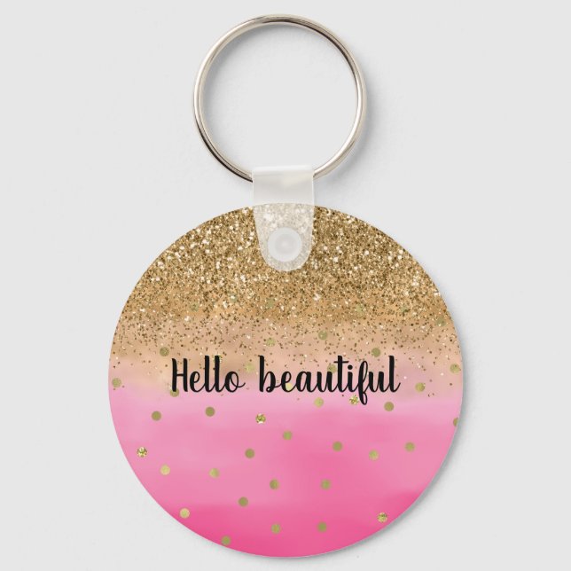 Girly Pink Watercolor Gold Glitter Glitz Confetti Key Ring (Front)