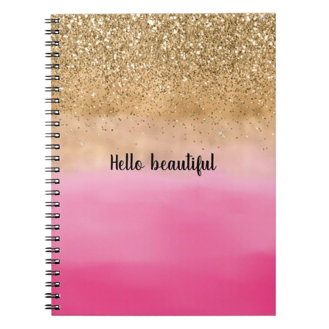 Girly Pink Watercolor Gold Glitter Glitz Confetti Notebook (Front)