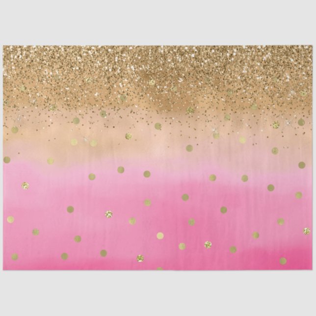 Girly Pink Watercolor Gold Glitter Glitz Confetti Tissue Paper (Front)