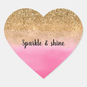 Girly Pink Watercolor Gold Glitter Heart Sticker
