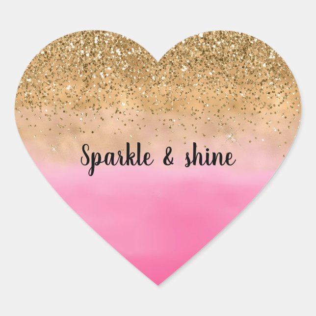 Girly Pink Watercolor Gold Glitter Heart Sticker (Front)