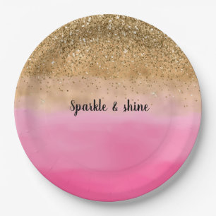 Girly Pink Watercolor Gold Glitter Paper Plate