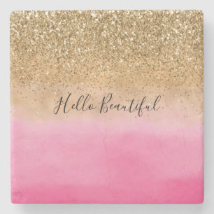 Girly Pink Watercolor Gold Glitter Stone Coaster