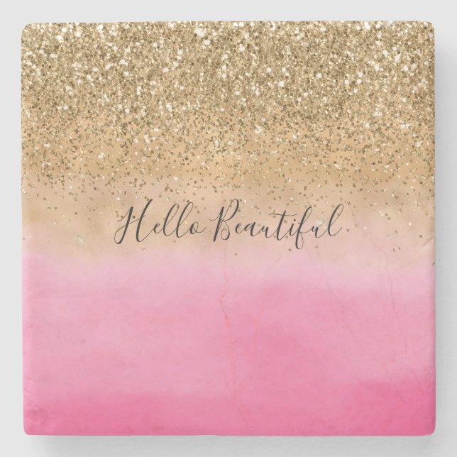 Girly Pink Watercolor Gold Glitter Stone Coaster (Front)