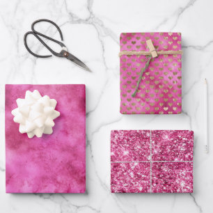 Girly Pink Watercolor Gold Hearts Glitter Wrapping Paper Sheet