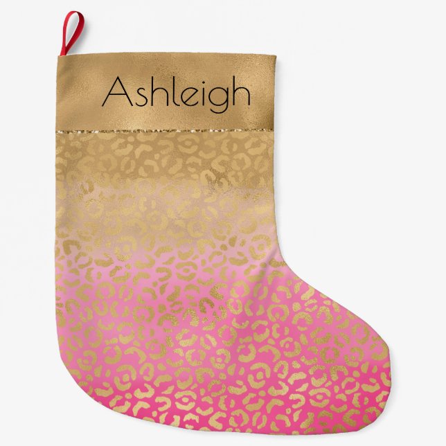 Girly Pink Watercolor Gold Leopard Print Large Christmas Stocking (Front)