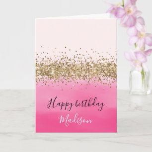 Girly Pink Watercolor Ombre Gold Glitter Glitz Card