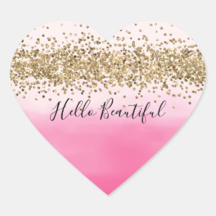 Girly Pink Watercolor Ombre Gold Glitter Glitz Heart Sticker